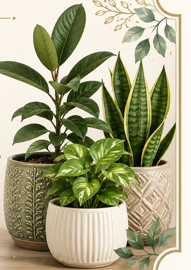 Three houseplants in decorative ceramic pots, full pots and plant tops visible, ready to take home